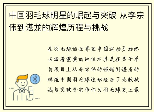 中国羽毛球明星的崛起与突破 从李宗伟到谌龙的辉煌历程与挑战