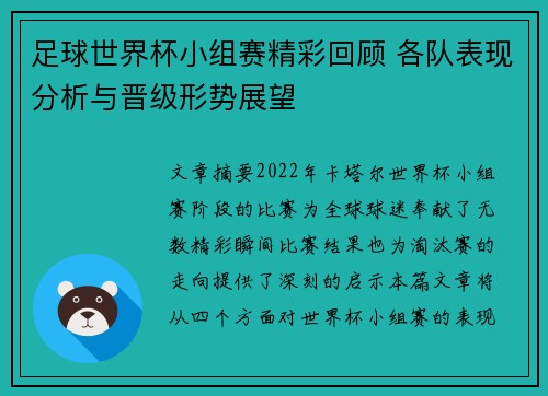 足球世界杯小组赛精彩回顾 各队表现分析与晋级形势展望