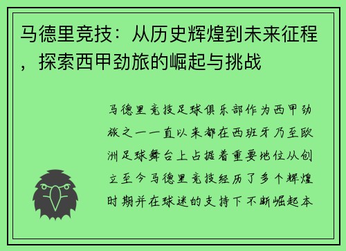 马德里竞技：从历史辉煌到未来征程，探索西甲劲旅的崛起与挑战